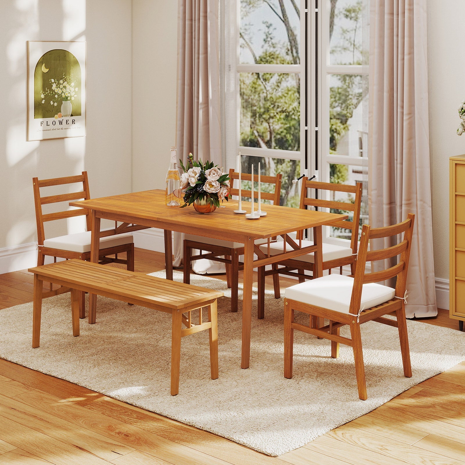 Costway 6-Piece Patio Acacia Wood Dining Set Bench Rectangular Table Chairs 10348287 New