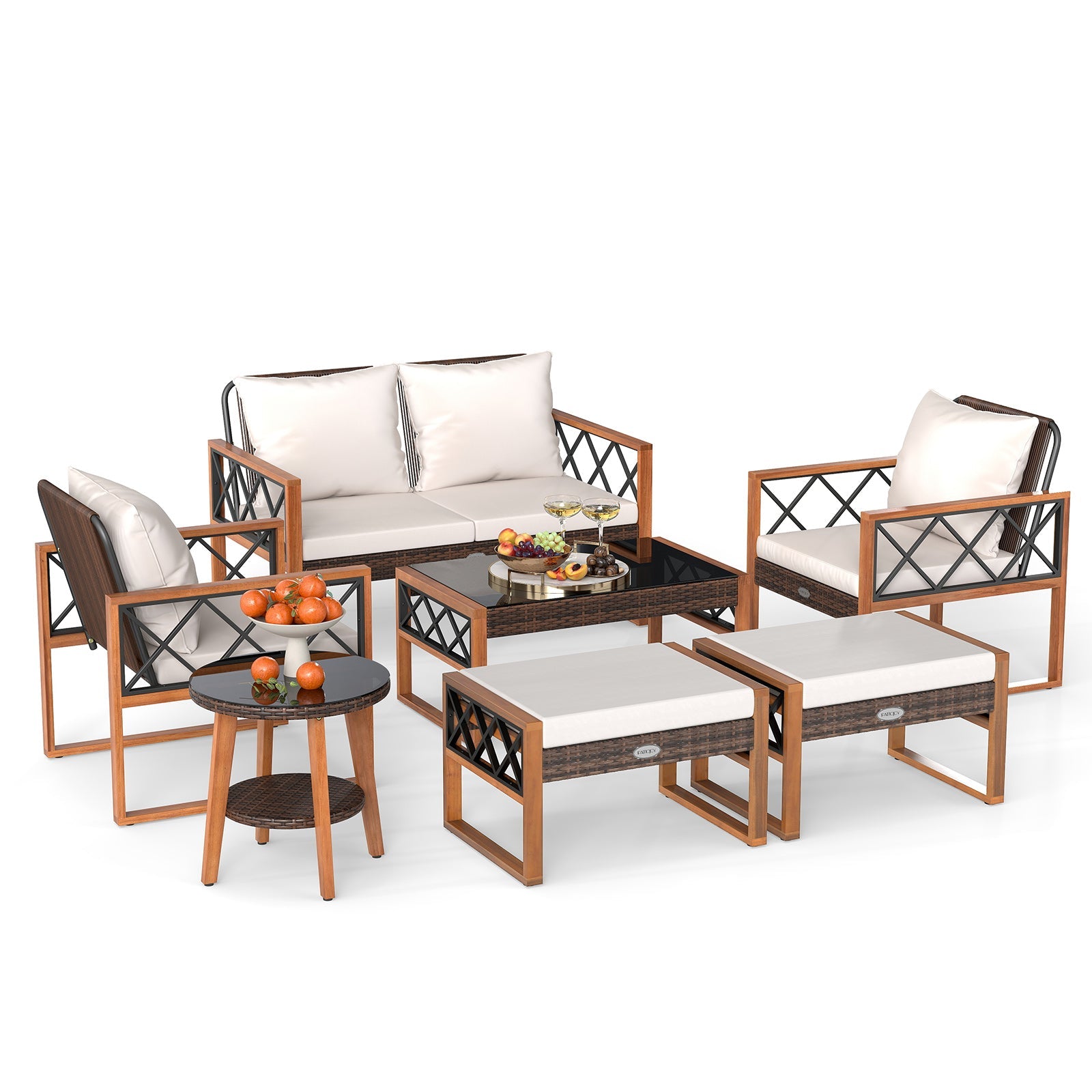 Costway 7-Piece PE Wicker Acacia Wood Outdoor Patio Conversation Set 92040885 New