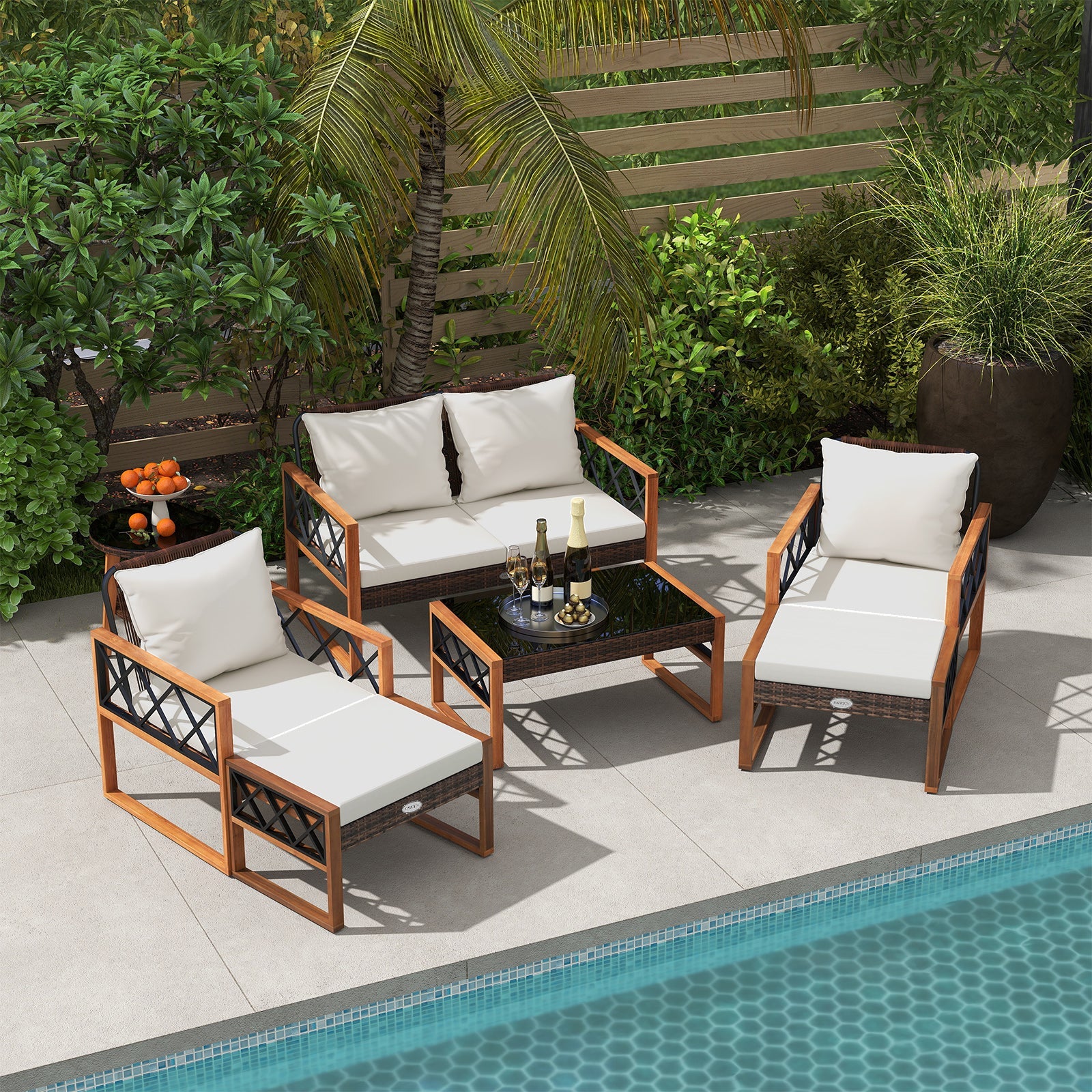 Costway 7-Piece PE Wicker Acacia Wood Outdoor Patio Conversation Set 92040885 New