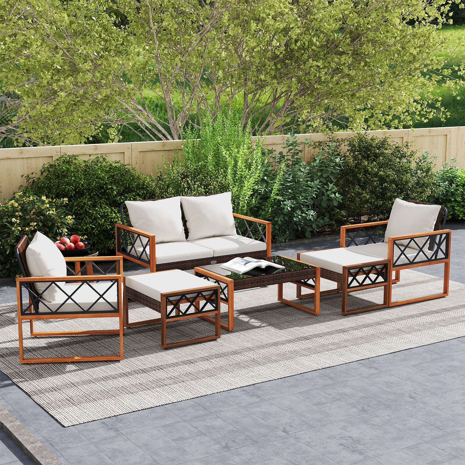 Costway 7-Piece PE Wicker Acacia Wood Outdoor Patio Conversation Set 92040885 New