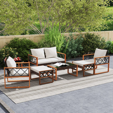 Costway 7-Piece PE Wicker Acacia Wood Outdoor Patio Conversation Set 92040885 New