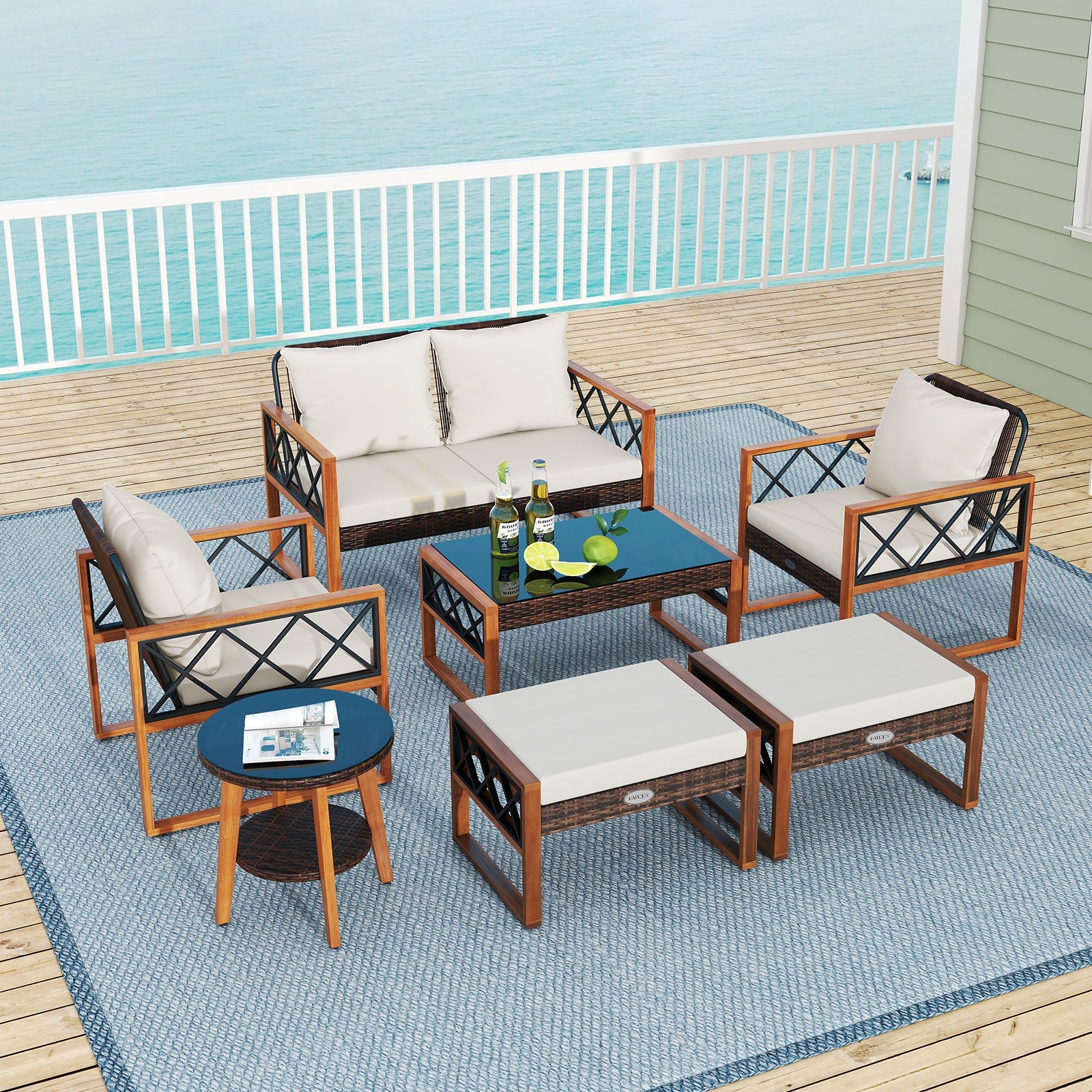 Costway 7-Piece PE Wicker Acacia Wood Outdoor Patio Conversation Set 92040885 New