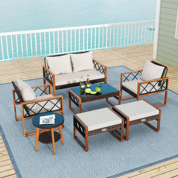 Costway 7-Piece PE Wicker Acacia Wood Outdoor Patio Conversation Set 92040885 New