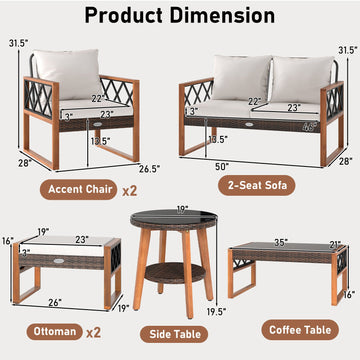 Costway 7-Piece PE Wicker Acacia Wood Outdoor Patio Conversation Set 92040885 New