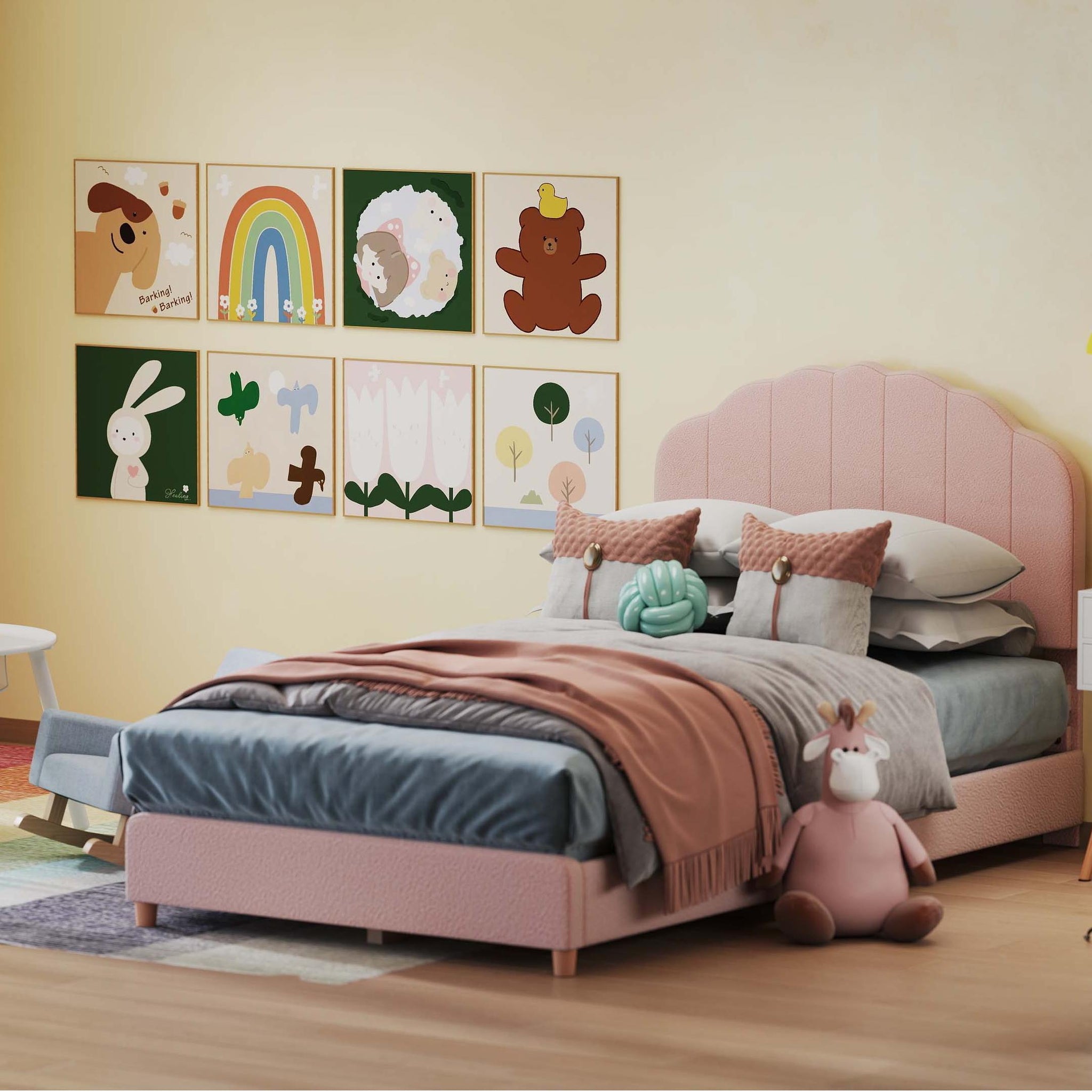 Costway Kids Room Furniture Bundle Twin Pink Bed Blue & Pink Rocking Chairs Storage End Table 78711821 New