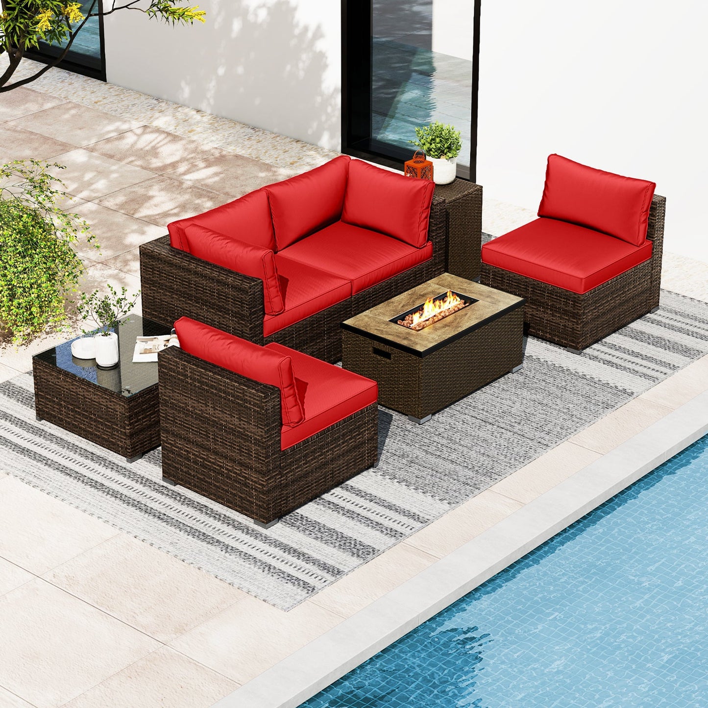 Costway 7-Piece Outdoor Patio Furniture Set w/ 32" Fire Pit Table & Propane Tank Cover 39289544 New