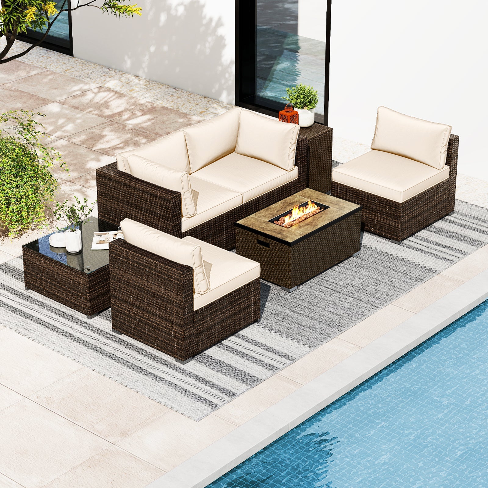 Costway 7-Piece Outdoor Patio Furniture Set w/ 32" Fire Pit Table & Propane Tank Cover 39289544 New