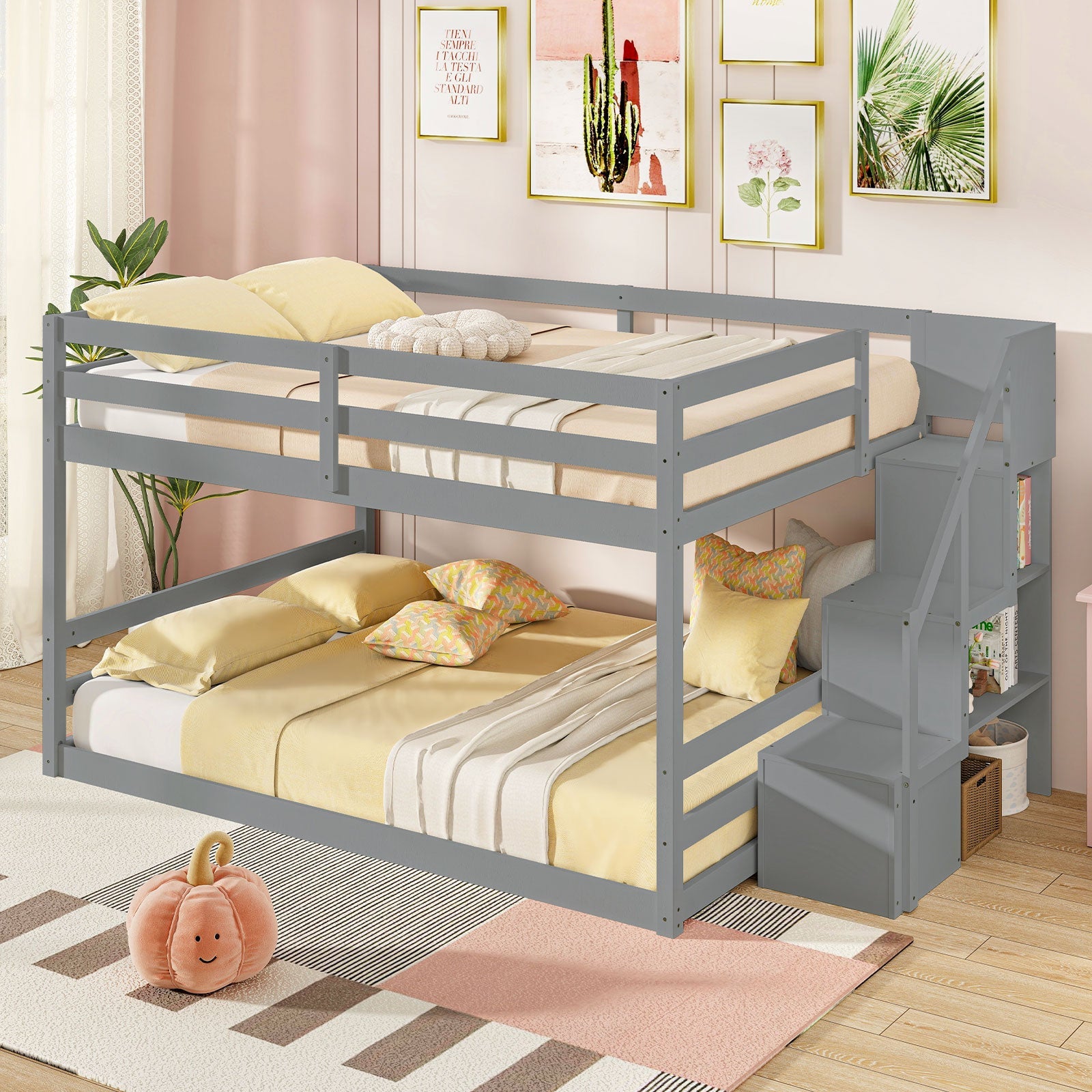 Costway Solid Wood Full Over Full Low Bunk Bed with Storage Stairs 82617543 New