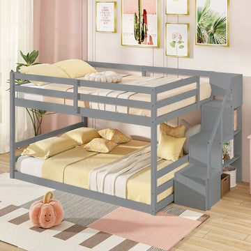 Costway Solid Wood Full Over Full Low Bunk Bed with Storage Stairs 82617543 New