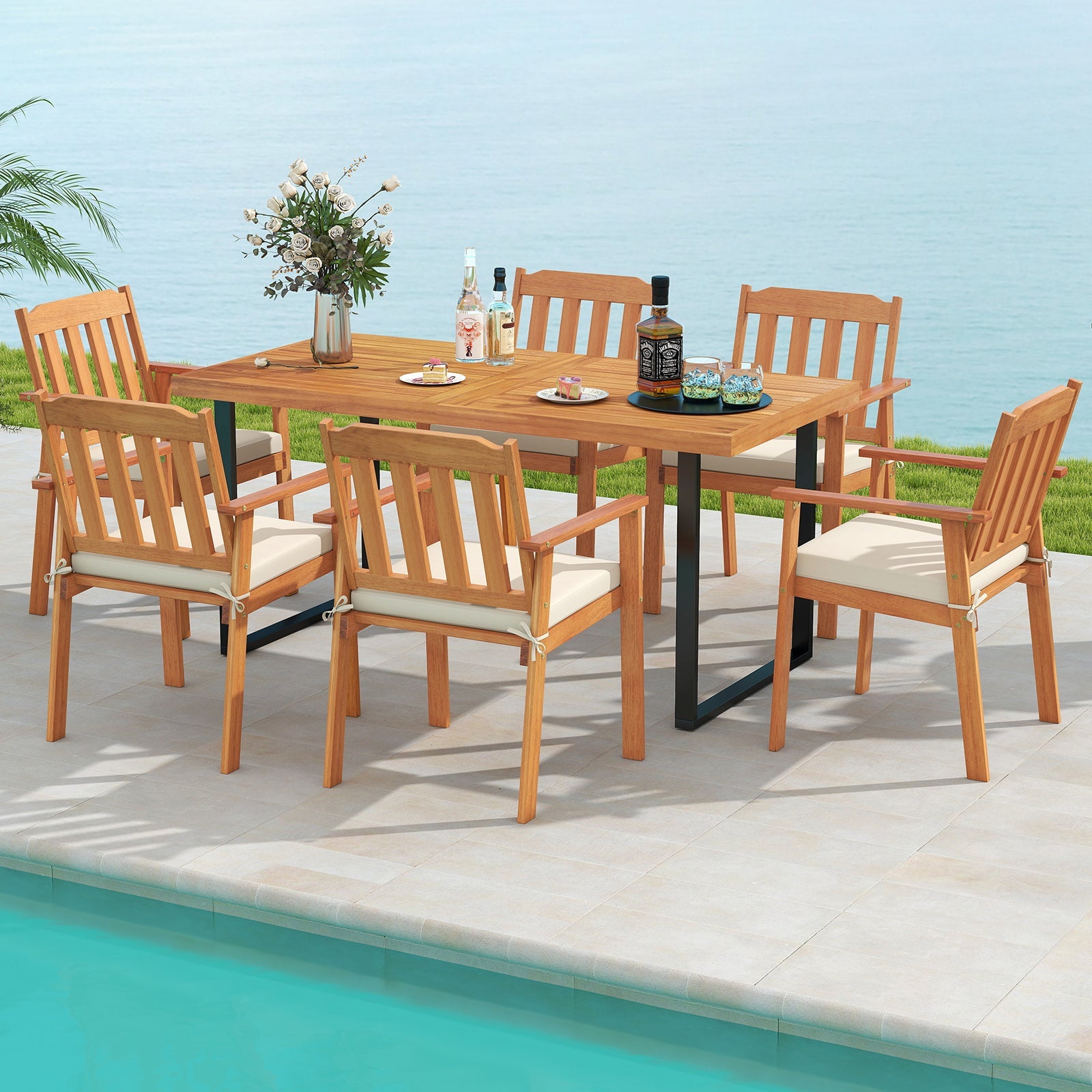 Costway 7-Piece Patio Dining Set 63" Rectangle Table & 6 Acacia Wood Armchairs 81840612 New