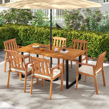 Costway 7-Piece Patio Dining Set 63" Rectangle Table & 6 Acacia Wood Armchairs 81840612 New