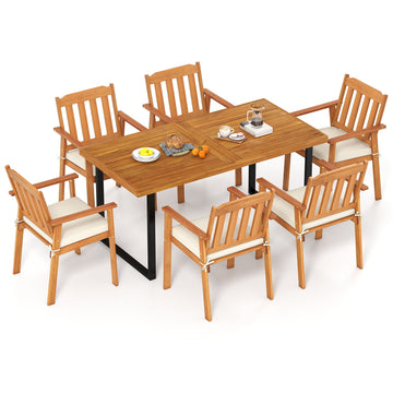 Costway 7-Piece Patio Dining Set 63" Rectangle Table & 6 Acacia Wood Armchairs 81840612 New