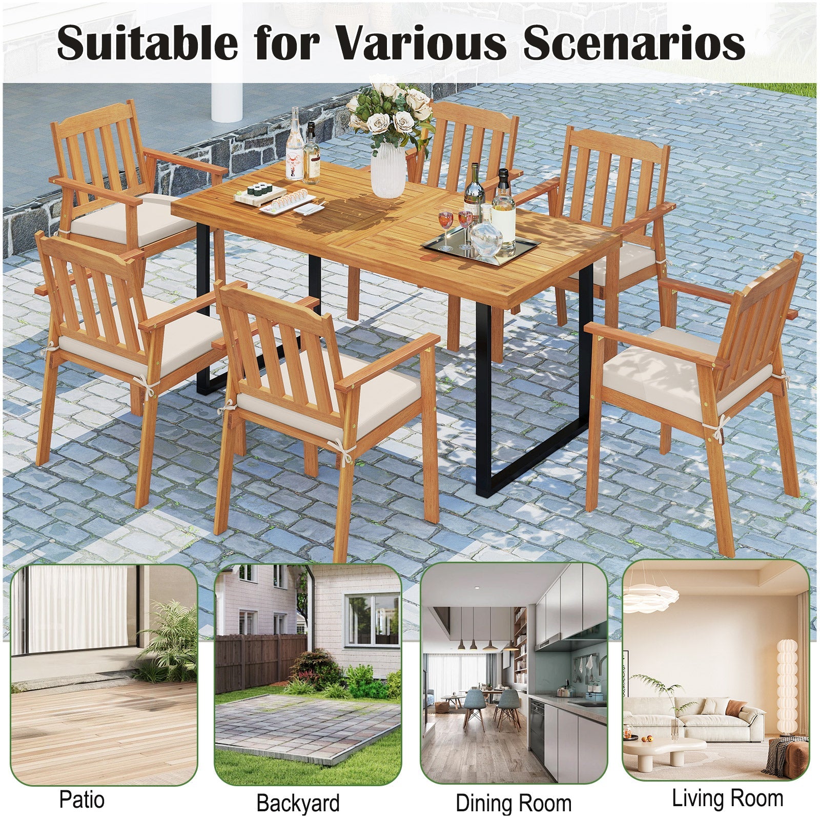 Costway 7-Piece Patio Dining Set 63" Rectangle Table & 6 Acacia Wood Armchairs 81840612 New