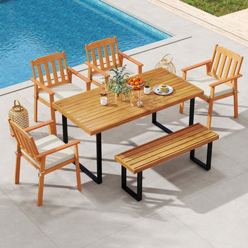 Costway 6-Piece Patio Dining Set 63" Rectangle Table 4 Acacia Wood Armchairs Bench 56172176 New
