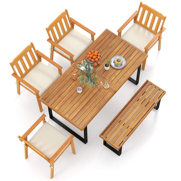 Costway 6-Piece Patio Dining Set 63" Rectangle Table 4 Acacia Wood Armchairs Bench 56172176 New