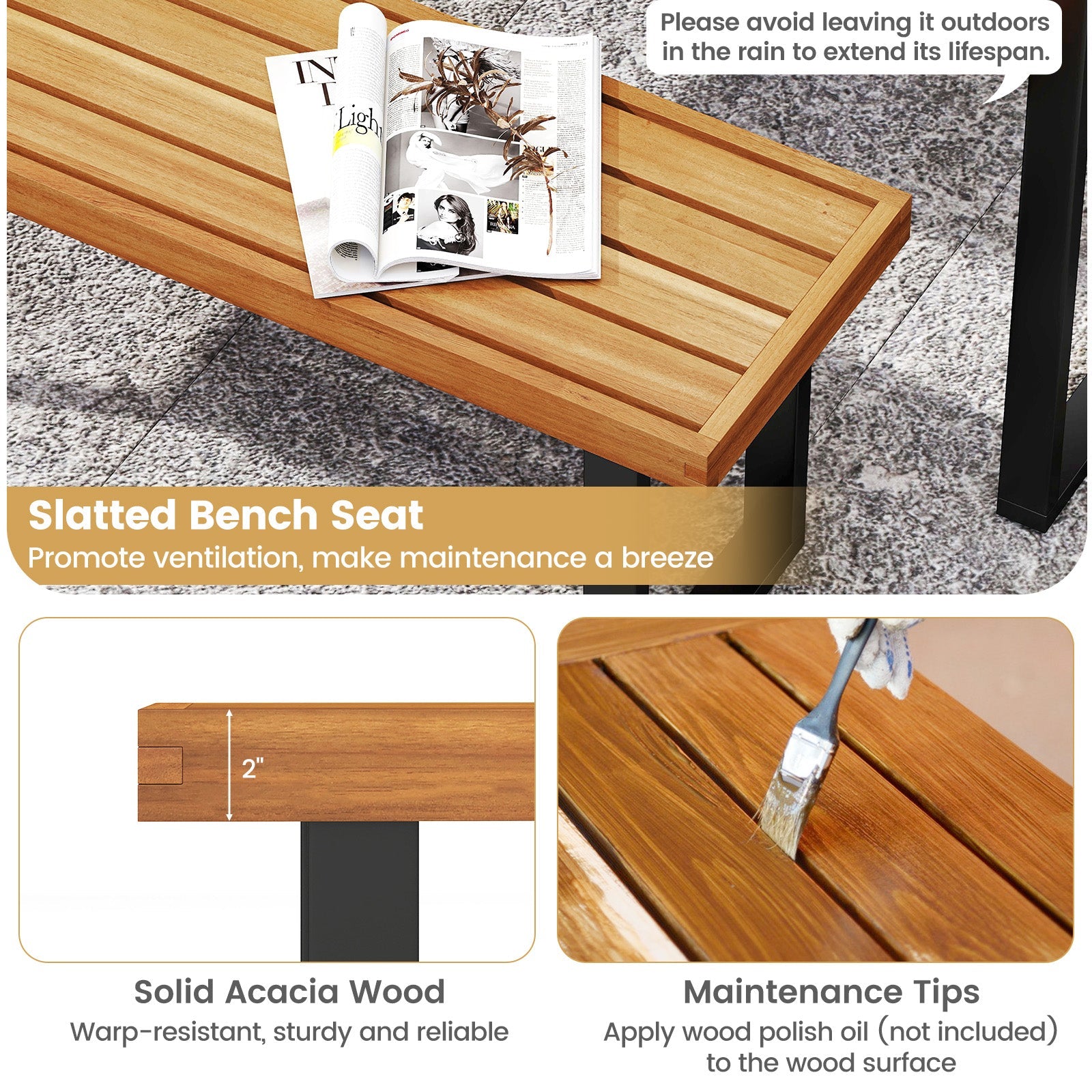 Costway 6-Piece Patio Dining Set 63" Rectangle Table 4 Acacia Wood Armchairs Bench 56172176 New