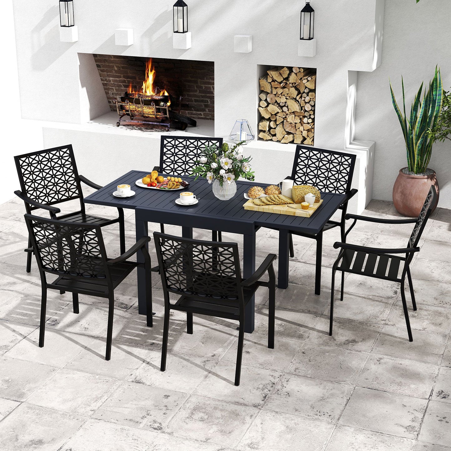 Costway 7-Pc Patio Dining Set Aluminum Rectangular Table Stackable Armchairs 74872645 New