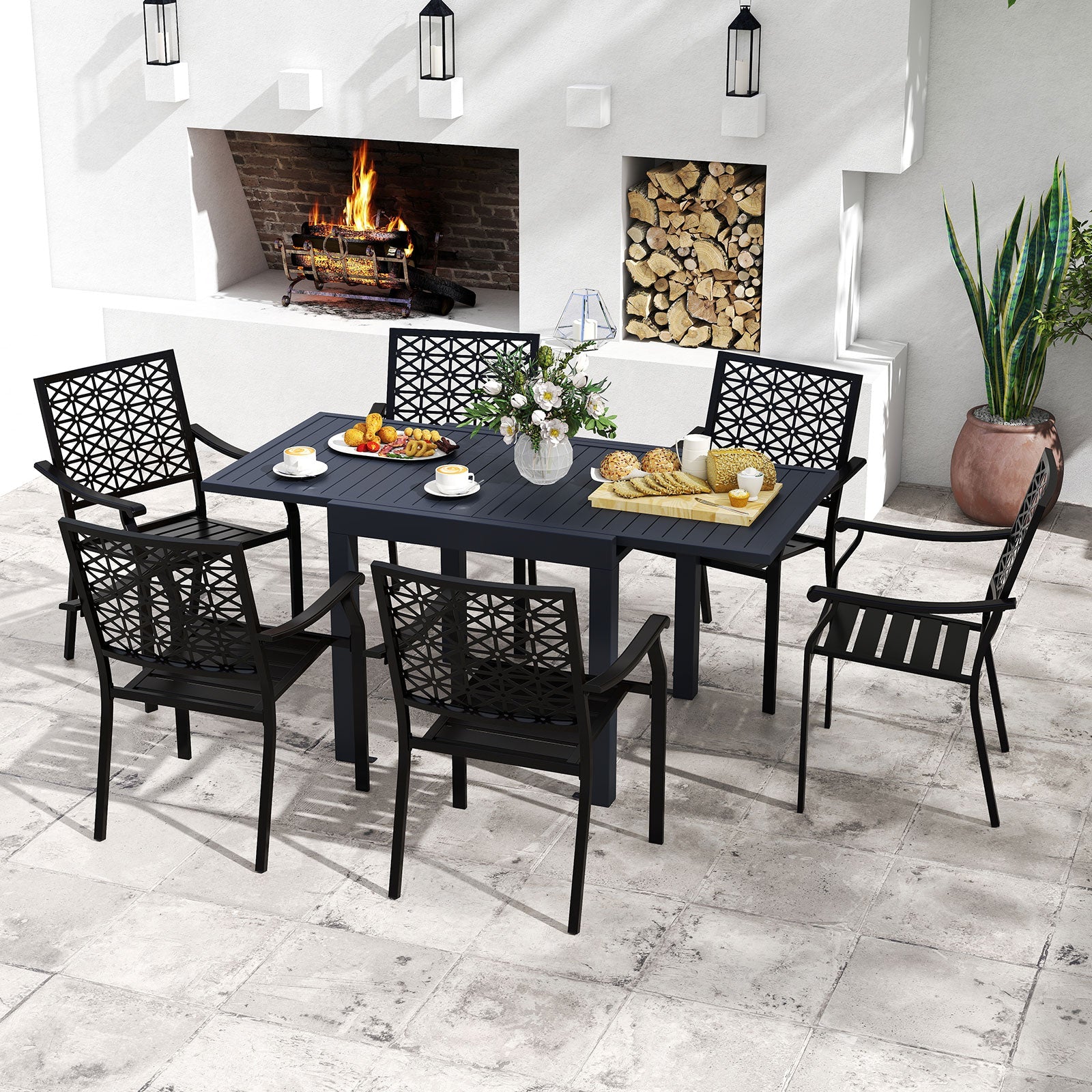 Costway 7-Pc Patio Dining Set Aluminum Rectangular Table Stackable Armchairs 74872645 New