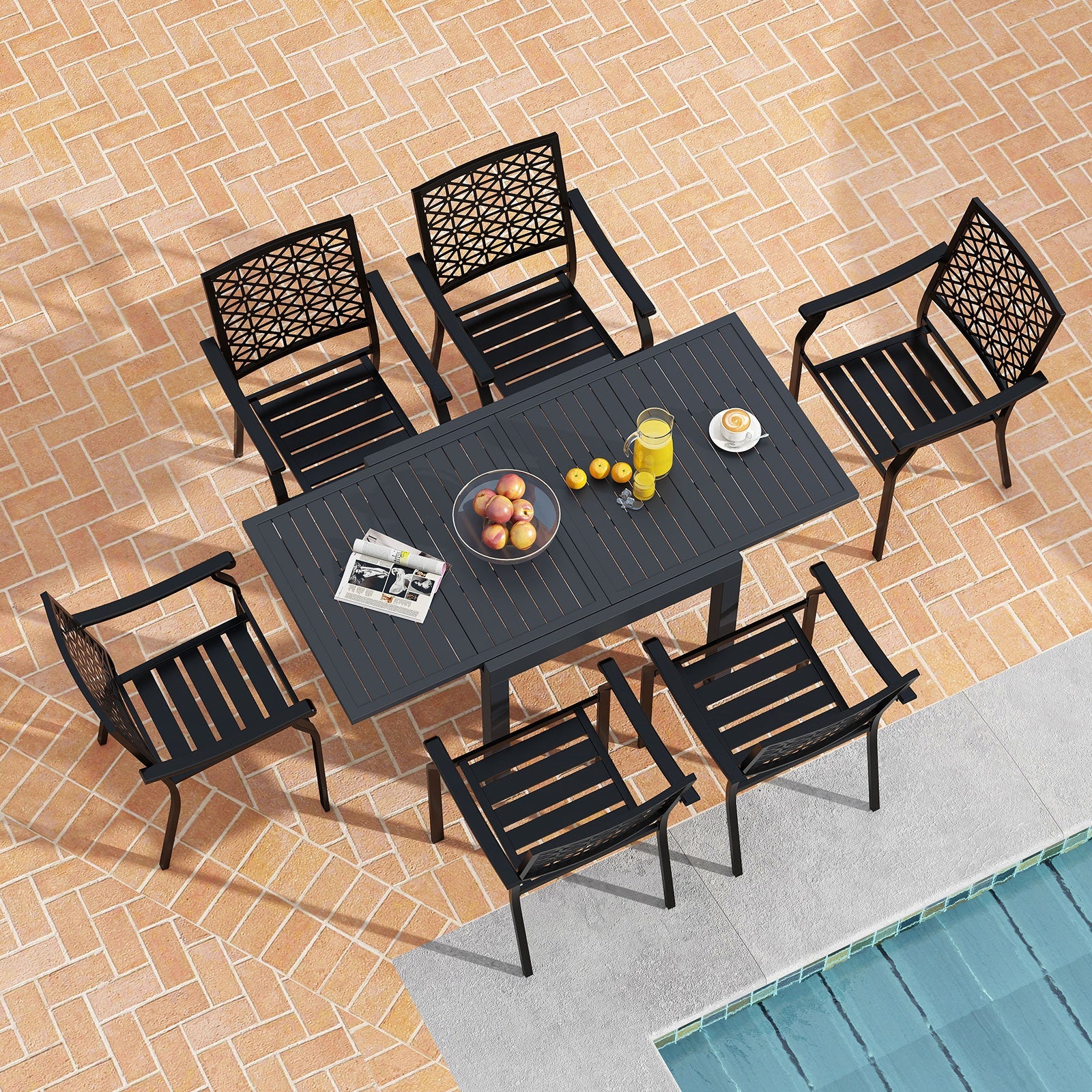 Costway 7-Pc Patio Dining Set Aluminum Rectangular Table Stackable Armchairs 74872645 New