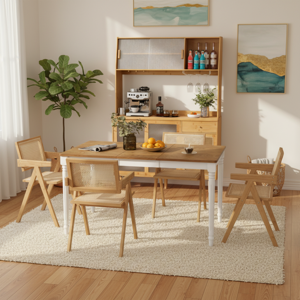 Costway Extendable Kitchen Dining Set w/ Table, 2 Rattan Chairs & Cabinet 39764670 New