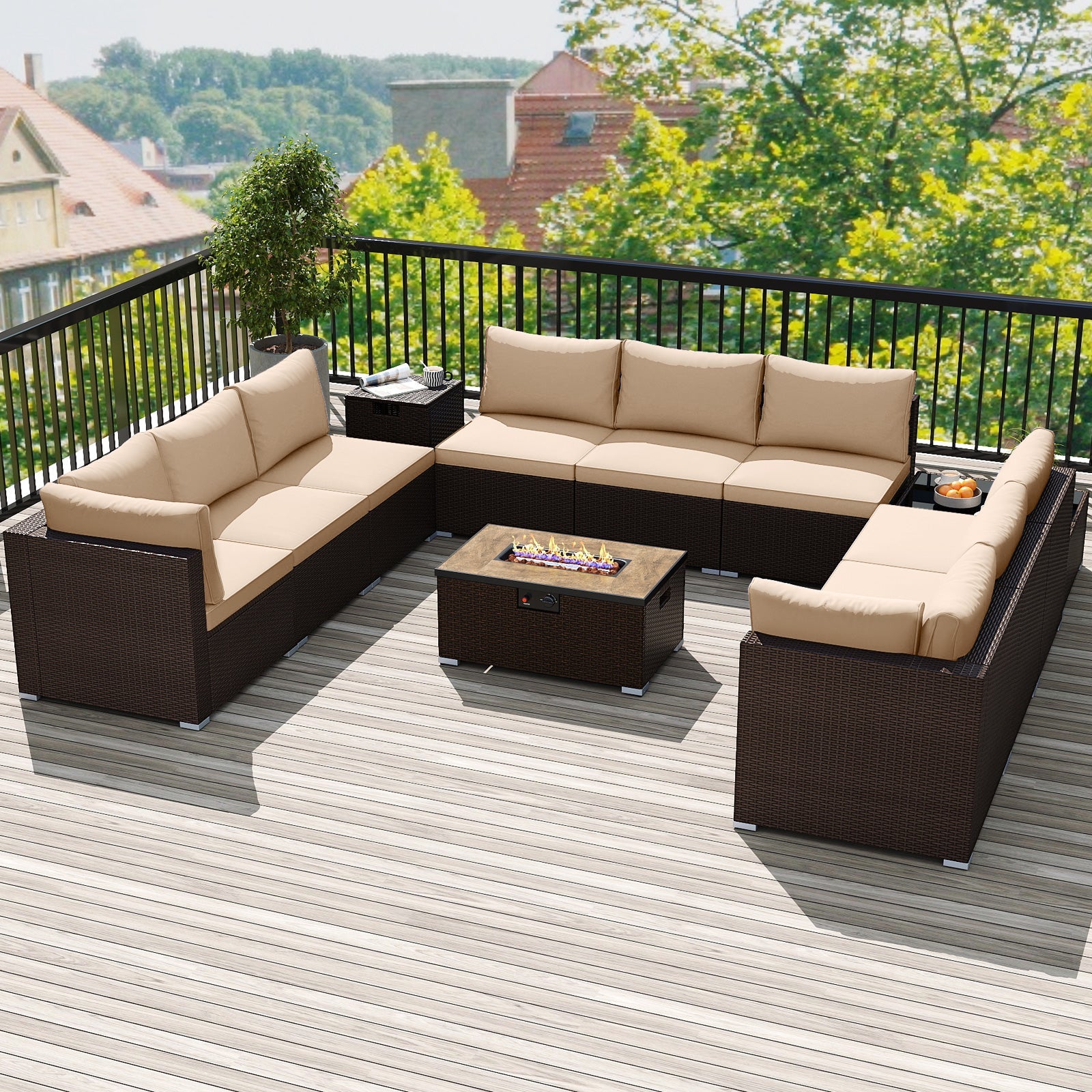 Costway Outdoor PE Rattan Conversation Set w/ 32" Propane Fire Pit Table Tank Holder 78640230 New