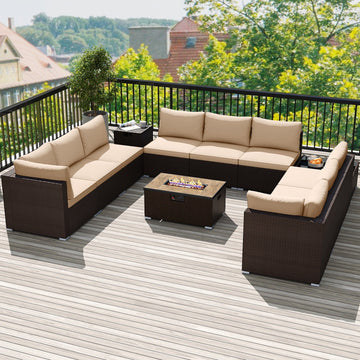 Costway Outdoor PE Rattan Conversation Set w/ 32" Propane Fire Pit Table Tank Holder 78640230 New