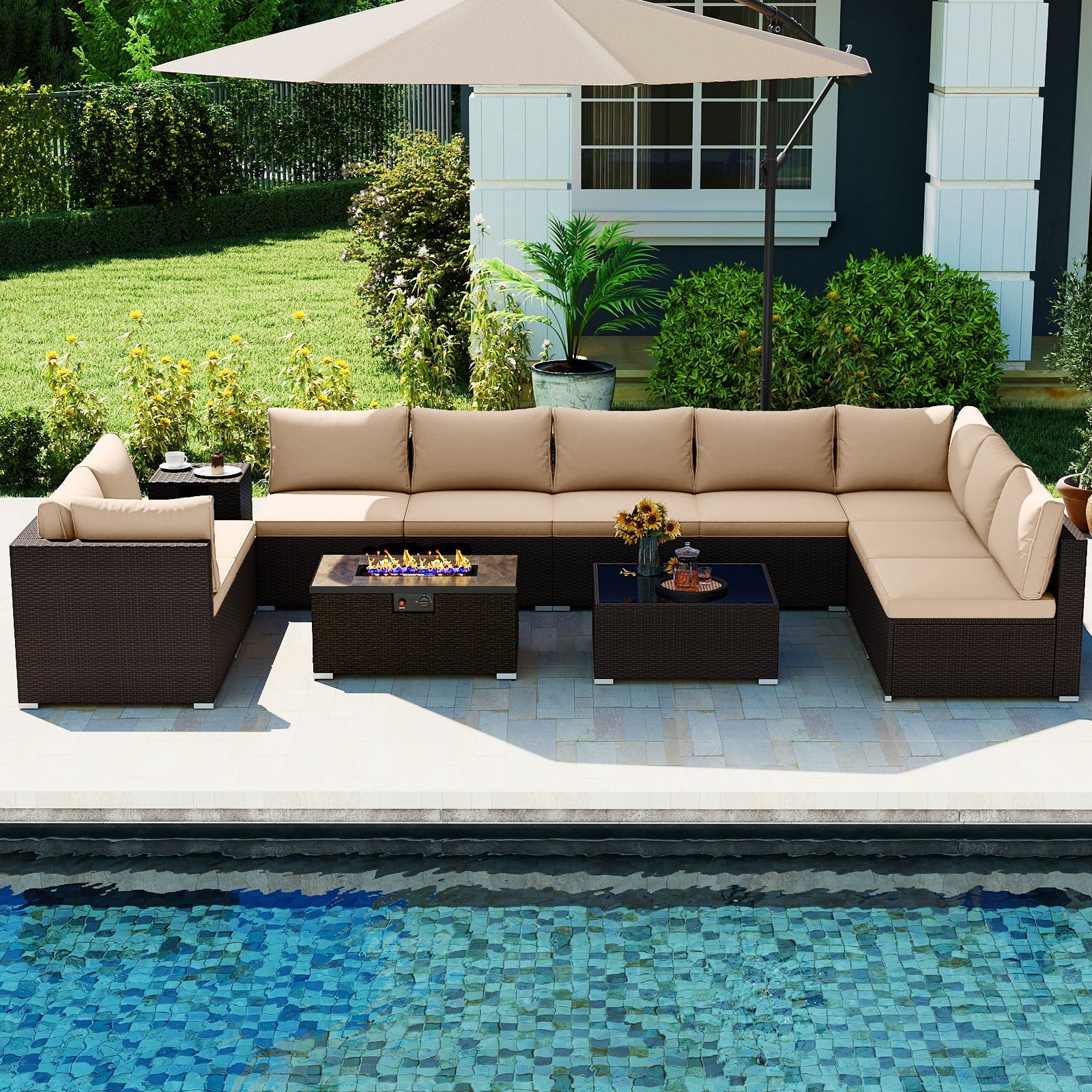 Costway Outdoor PE Rattan Conversation Set w/ 32" Propane Fire Pit Table Tank Holder 78640230 New