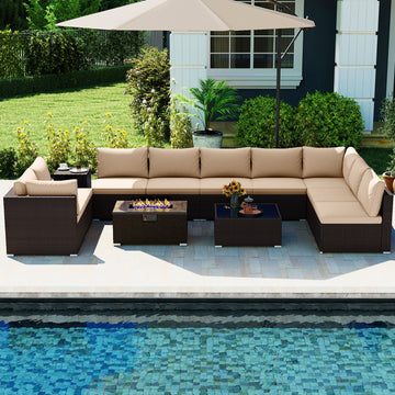 Costway Outdoor PE Rattan Conversation Set w/ 32" Propane Fire Pit Table Tank Holder 78640230 New