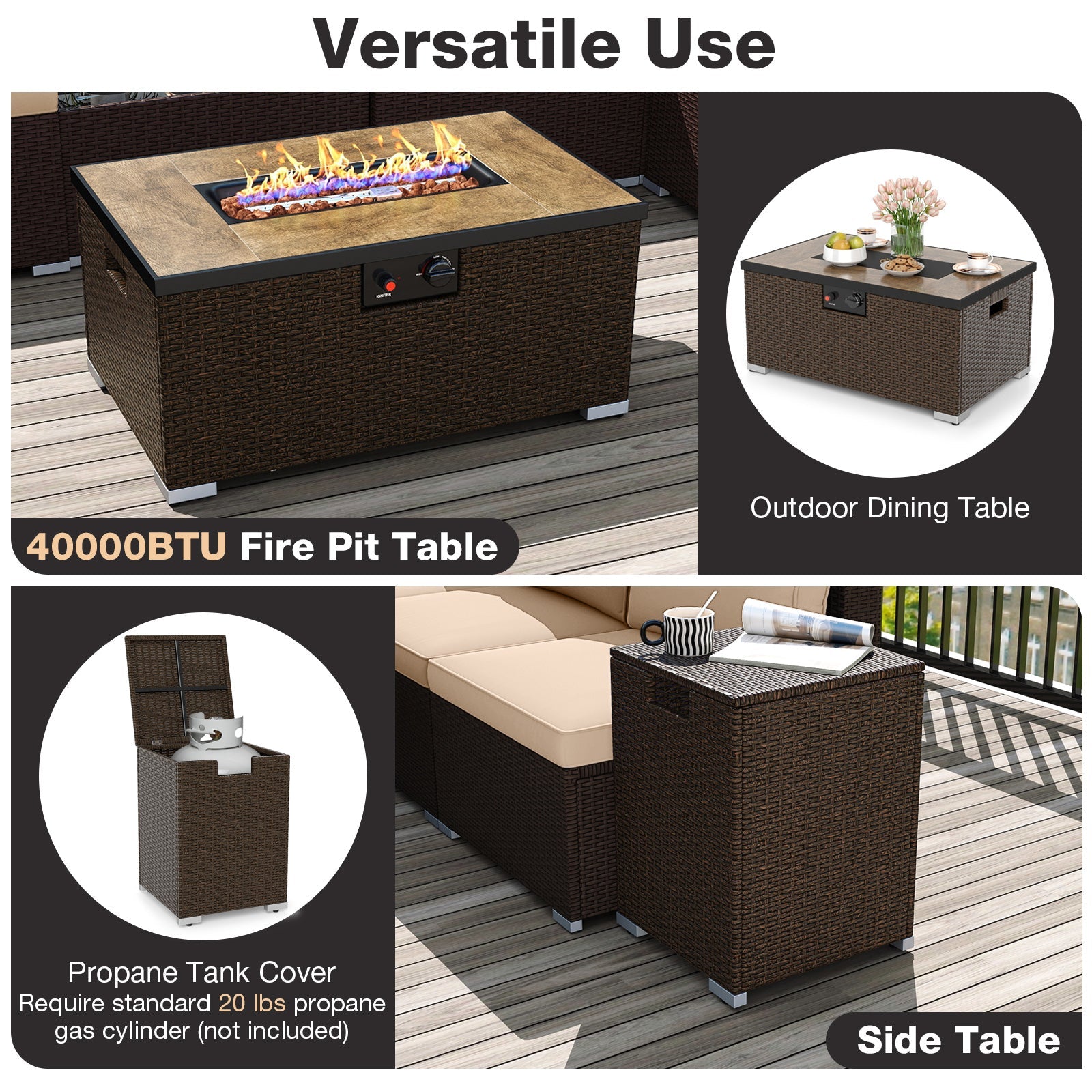 Costway Outdoor PE Rattan Conversation Set w/ 32" Propane Fire Pit Table Tank Holder 78640230 New