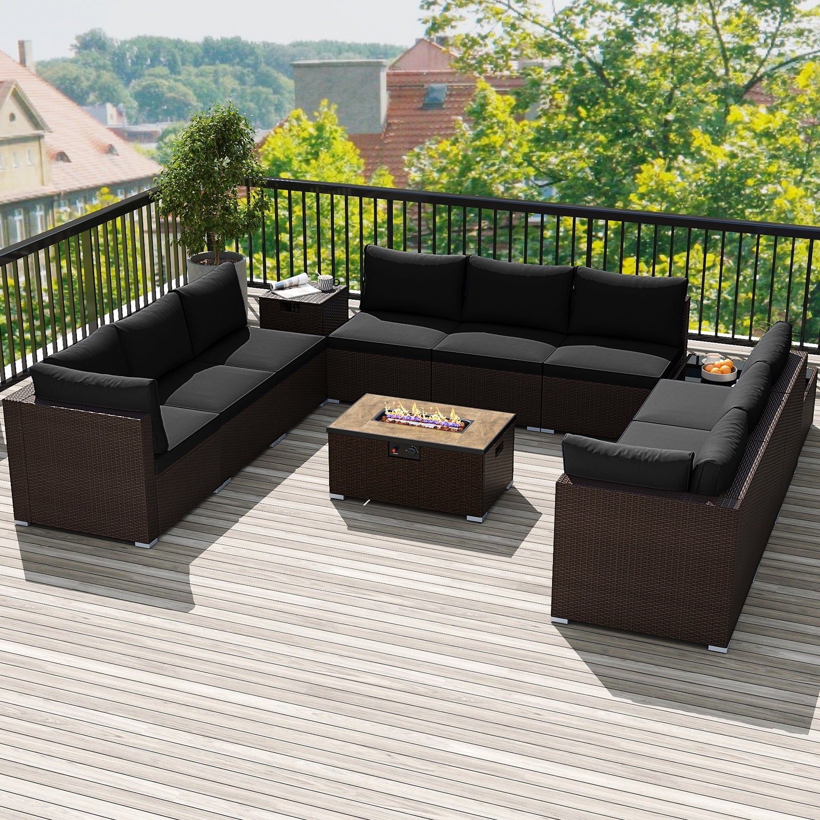 Costway Outdoor PE Rattan Conversation Set w/ 32" Propane Fire Pit Table Tank Holder 78640230 New
