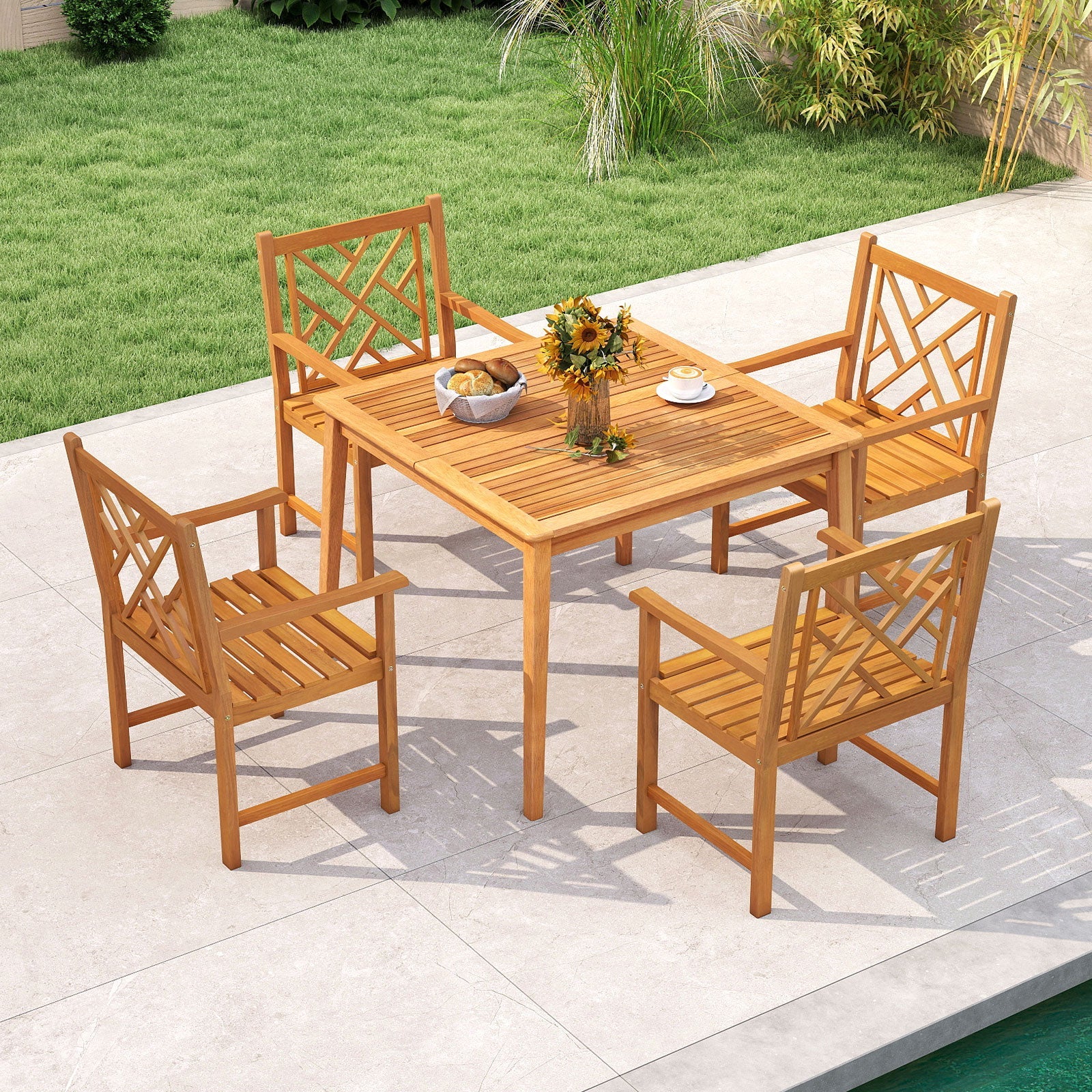 Costway 5-Piece Patio Dining Set Acacia Wood Square Table w/ 4 Chairs 34220694 New