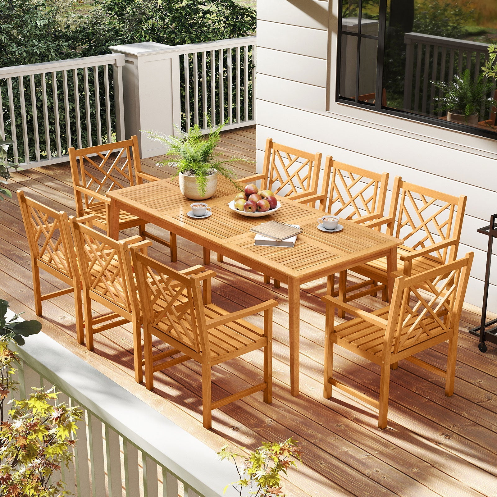 Costway 9-Piece Patio Dining Set Acacia Wood Rectangular Table w/ 8 Chairs 50114325 New