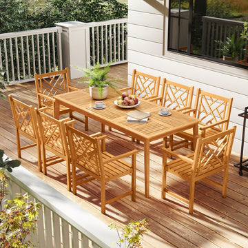 Costway 9-Piece Patio Dining Set Acacia Wood Rectangular Table w/ 8 Chairs 50114325 New