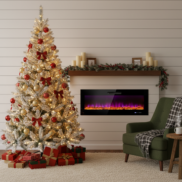 Costway 50" Recessed Electric Fireplace Pre-Lit Snow Flocked Christmas Tree Set 81304627 New