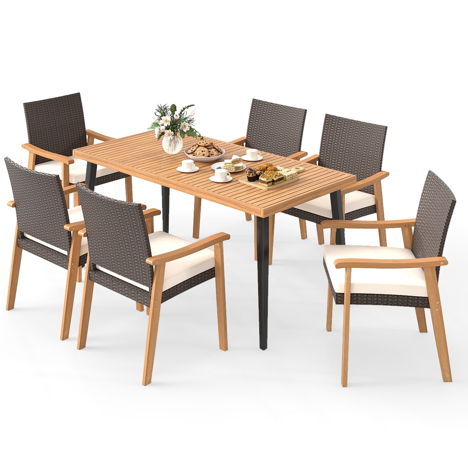 Costway 7-Pc Patio Dining Set Acacia Wood Table 6 Armchairs 40918363 New