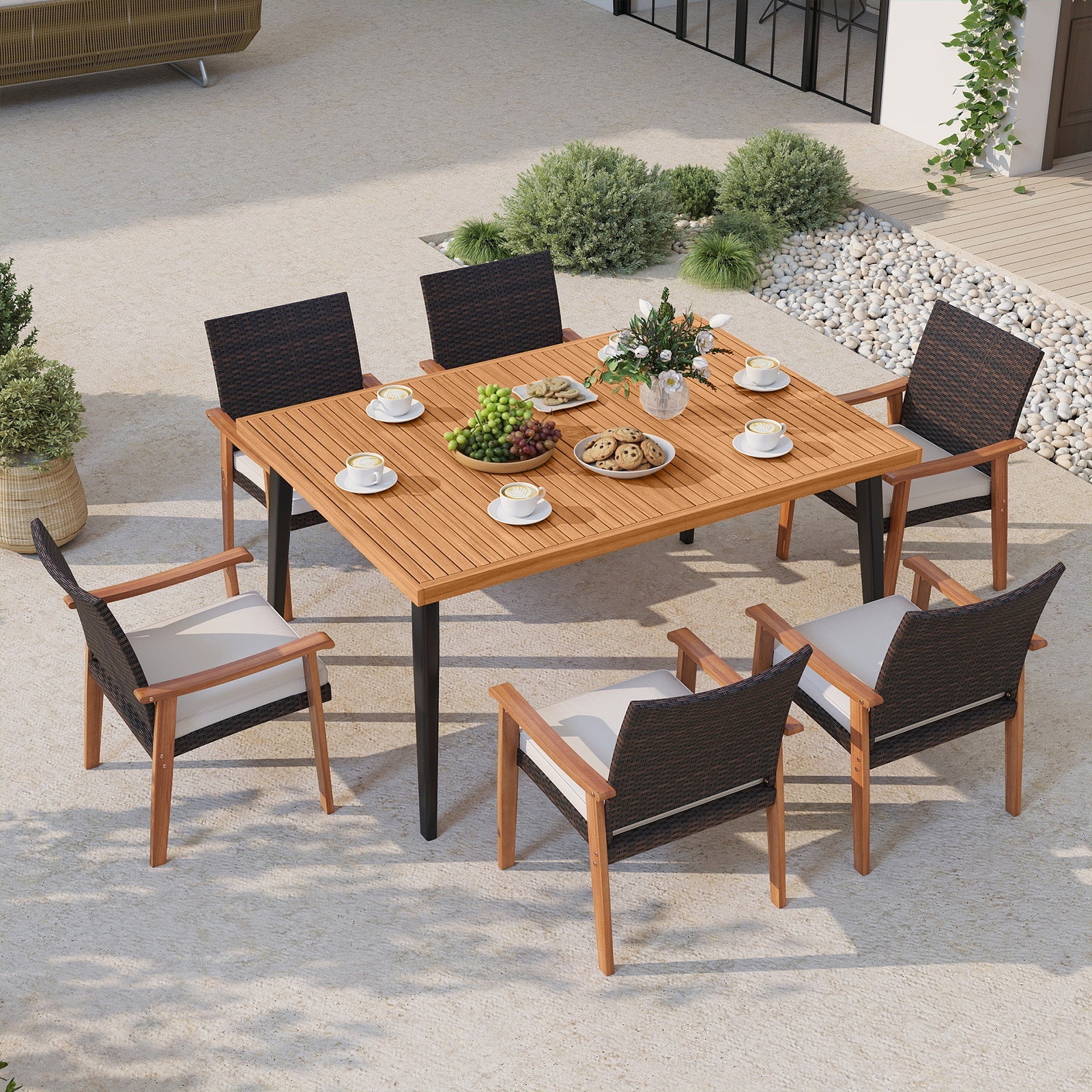 Costway 7-Pc Patio Dining Set Acacia Wood Table 6 Armchairs 40918363 New