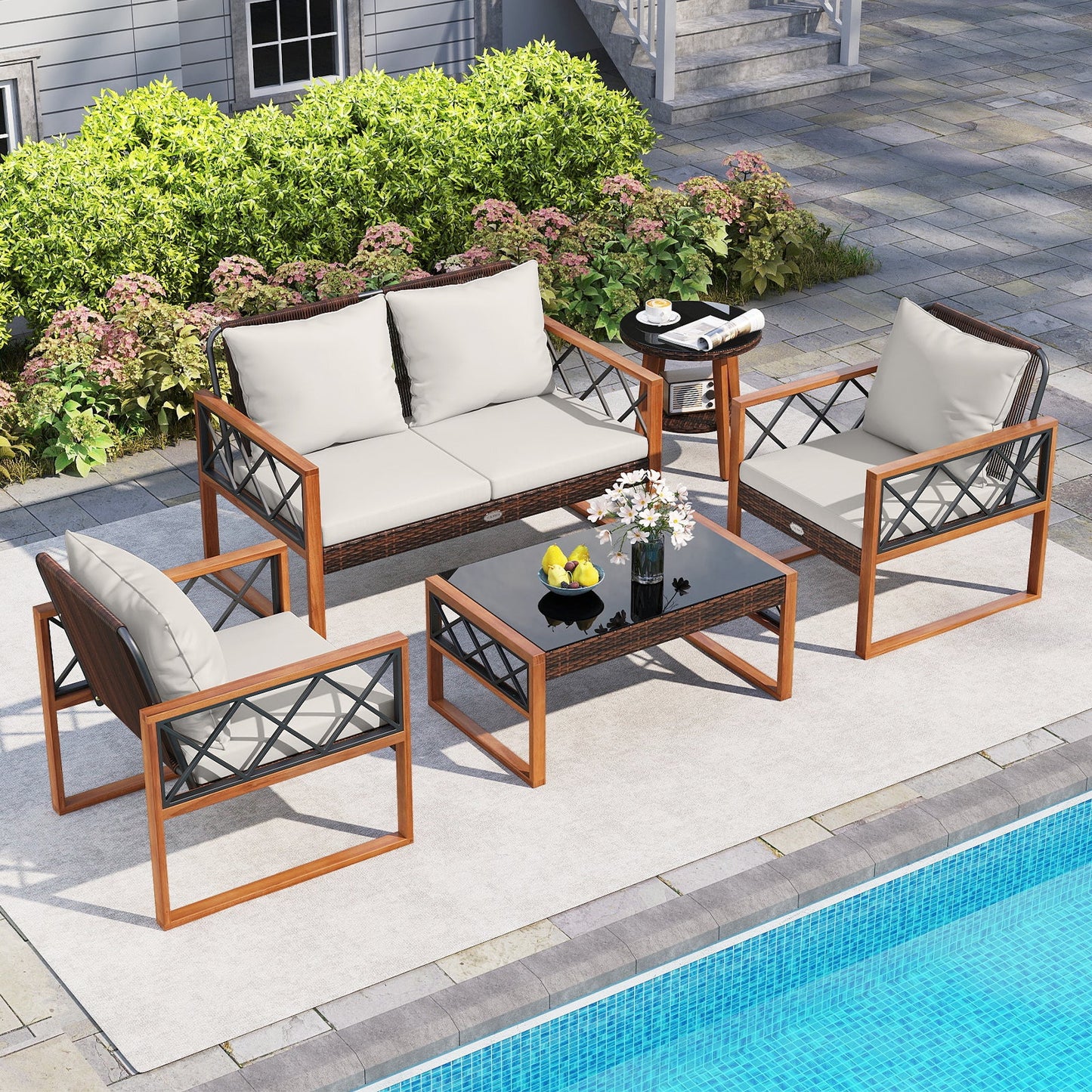 Costway 5-Pc PE Wicker Patio Dining Furniture Set Acacia Wood Frame 85959283 New