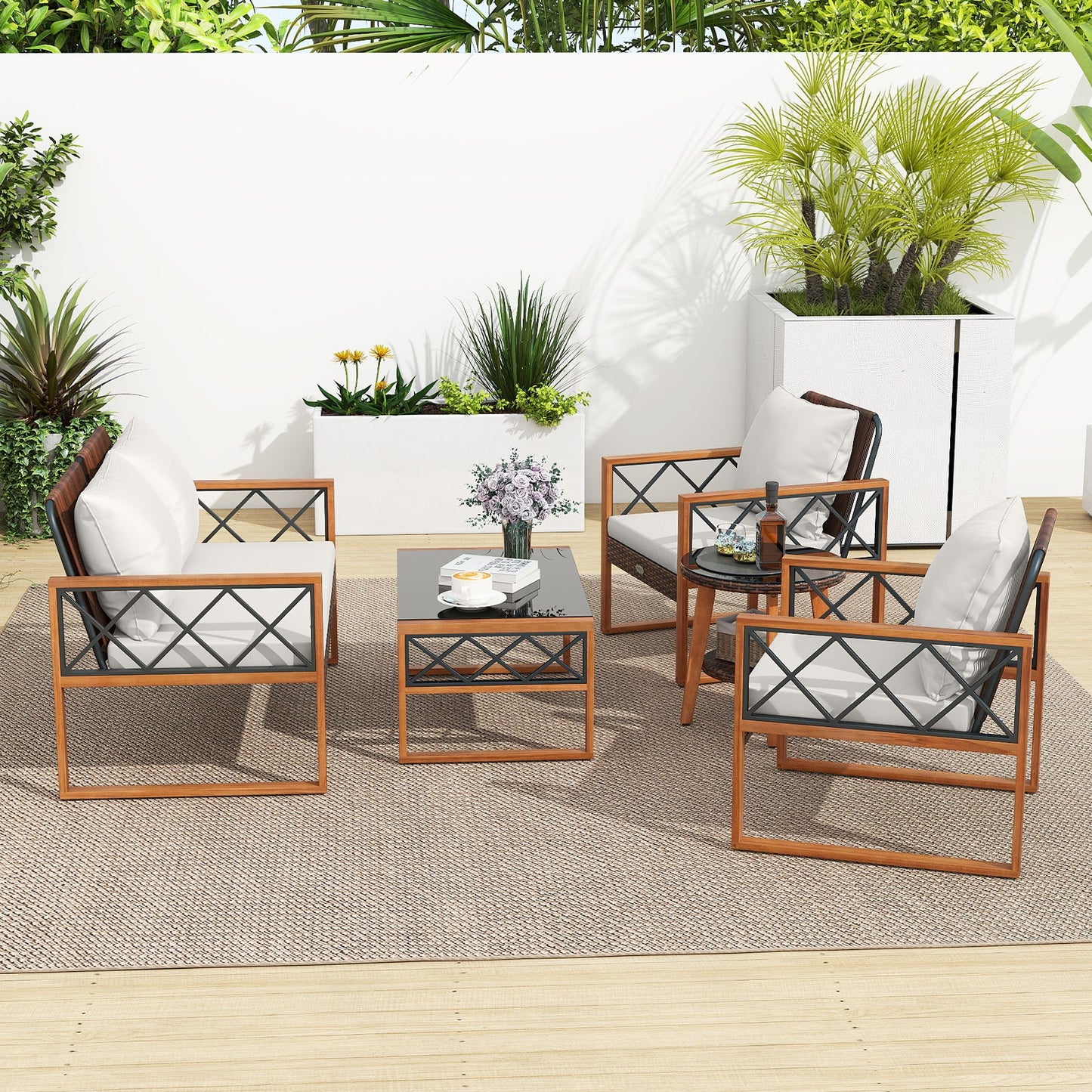 Costway 5-Pc PE Wicker Patio Dining Furniture Set Acacia Wood Frame 85959283 New
