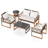 Costway 5-Pc PE Wicker Patio Dining Furniture Set Acacia Wood Frame 85959283 New