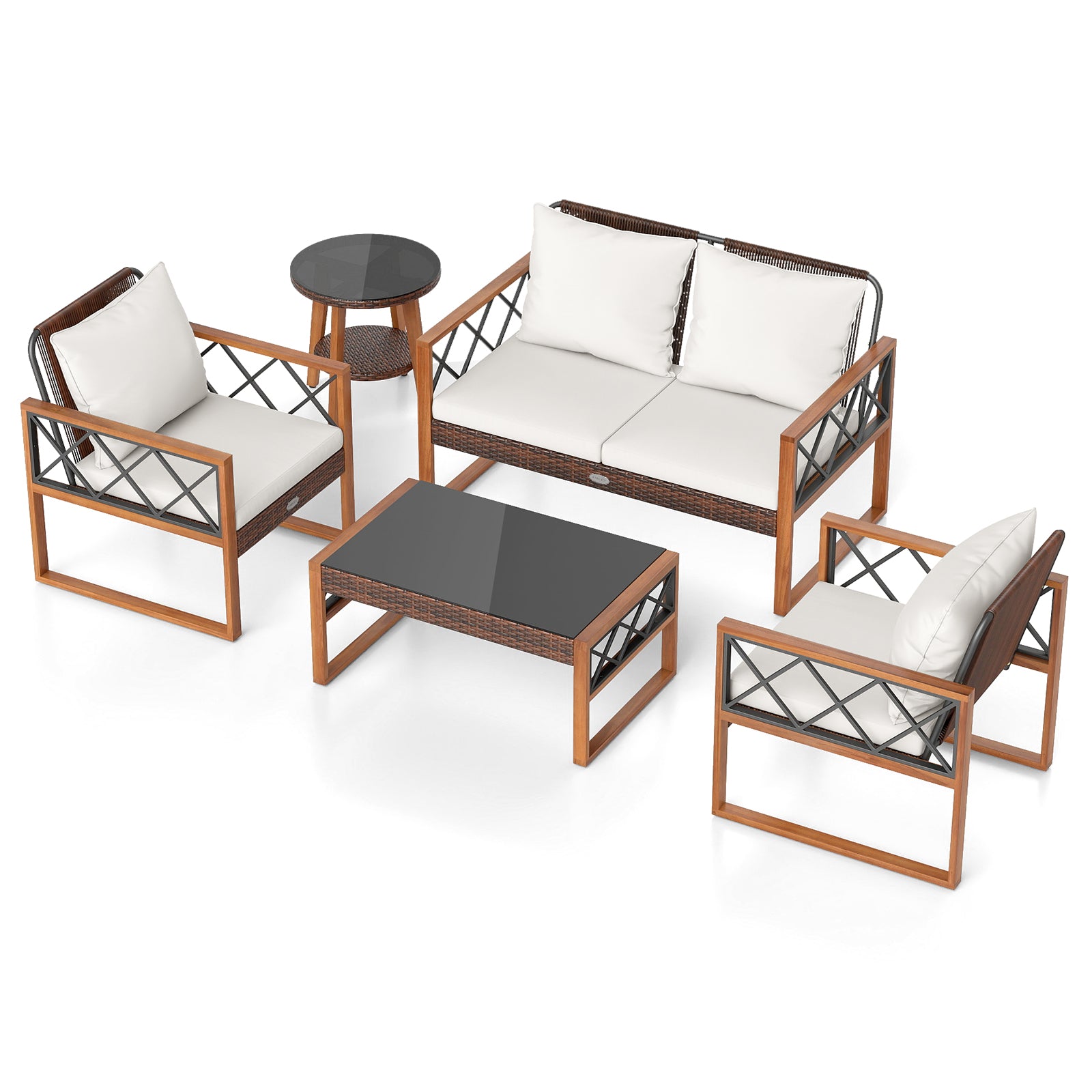 Costway 5-Pc PE Wicker Patio Dining Furniture Set Acacia Wood Frame 85959283 New