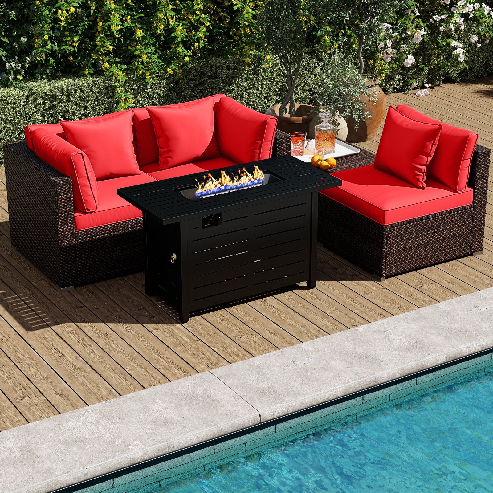 Costway 5-Piece Outdoor Rattan Sofa Set w/ 60000 BTU Fire Pit Table 30158206 New