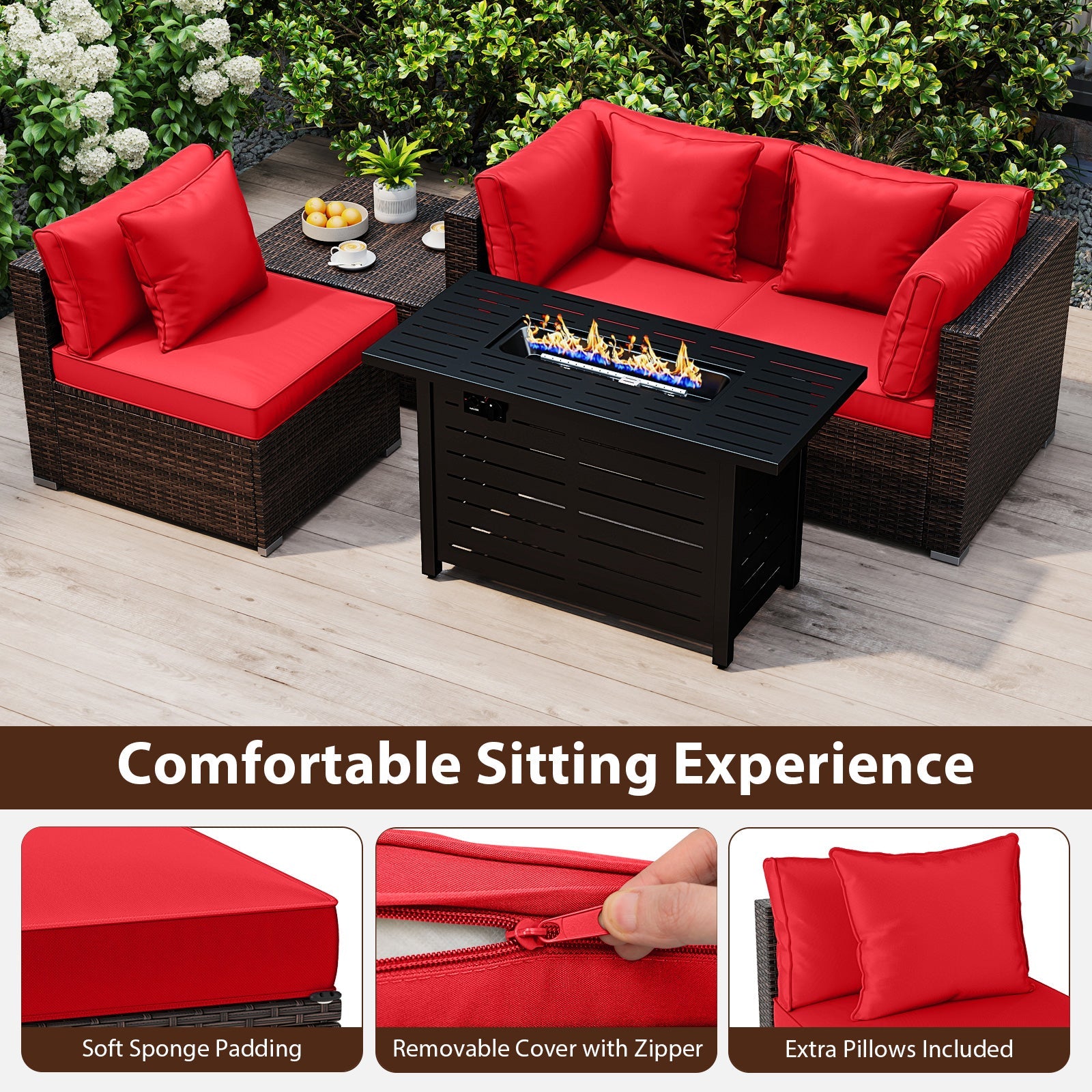 Costway 5-Piece Outdoor Rattan Sofa Set w/ 60000 BTU Fire Pit Table 30158206 New