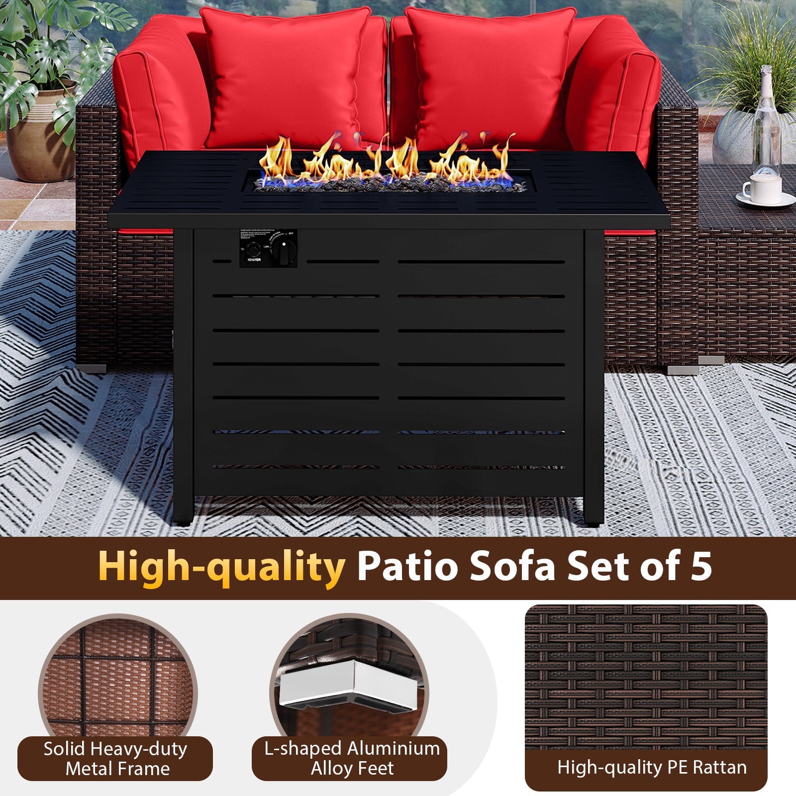 Costway 5-Piece Outdoor Rattan Sofa Set w/ 60000 BTU Fire Pit Table 30158206 New