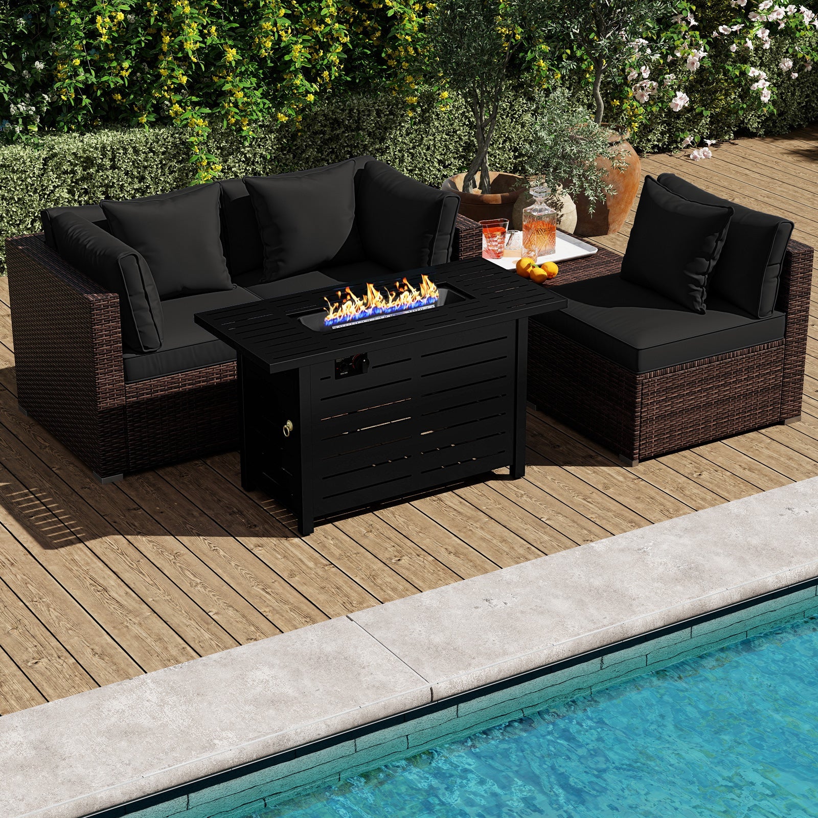 Costway 5-Piece Outdoor Rattan Sofa Set w/ 60000 BTU Fire Pit Table 30158206 New