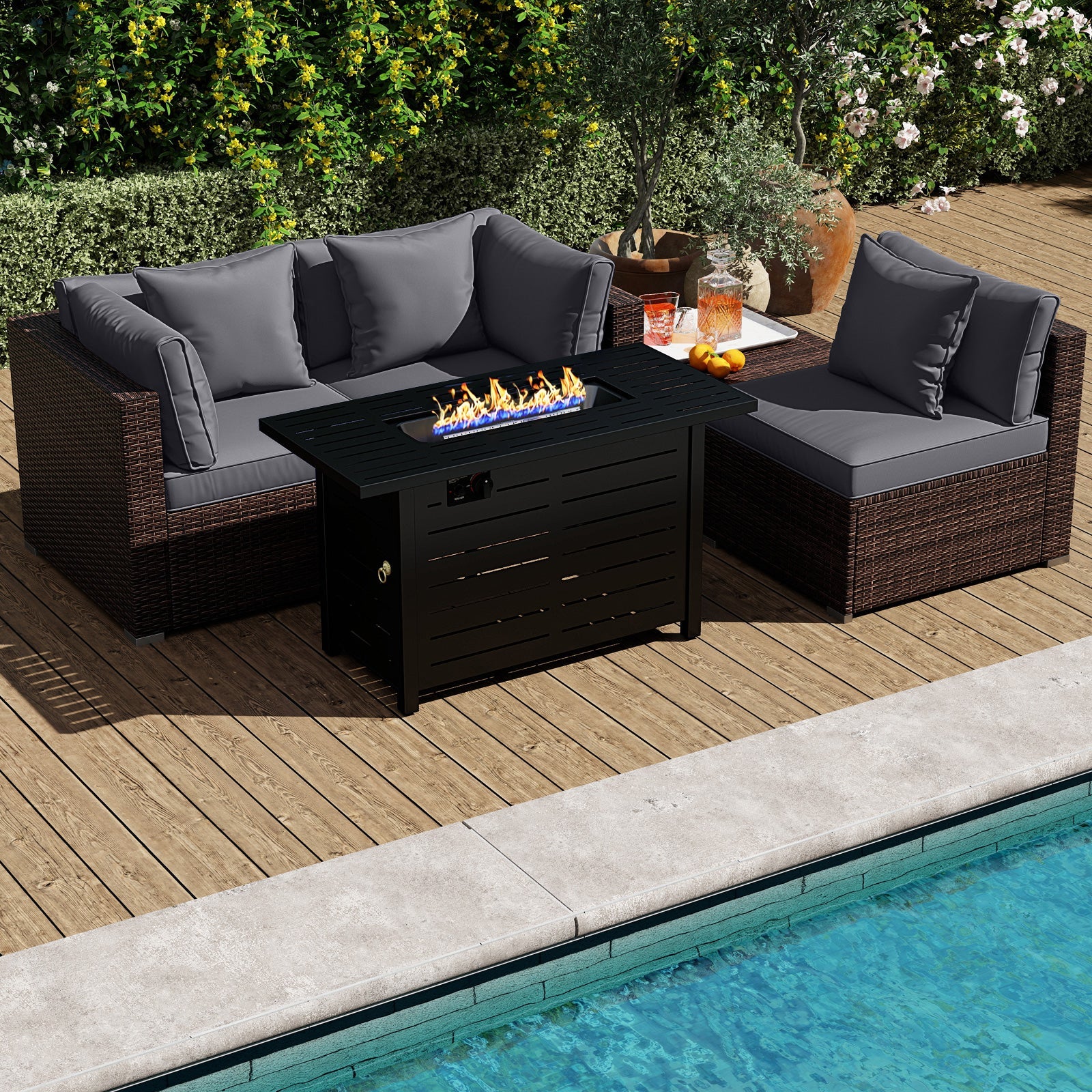 Costway 5-Piece Outdoor Rattan Sofa Set w/ 60000 BTU Fire Pit Table 30158206 New
