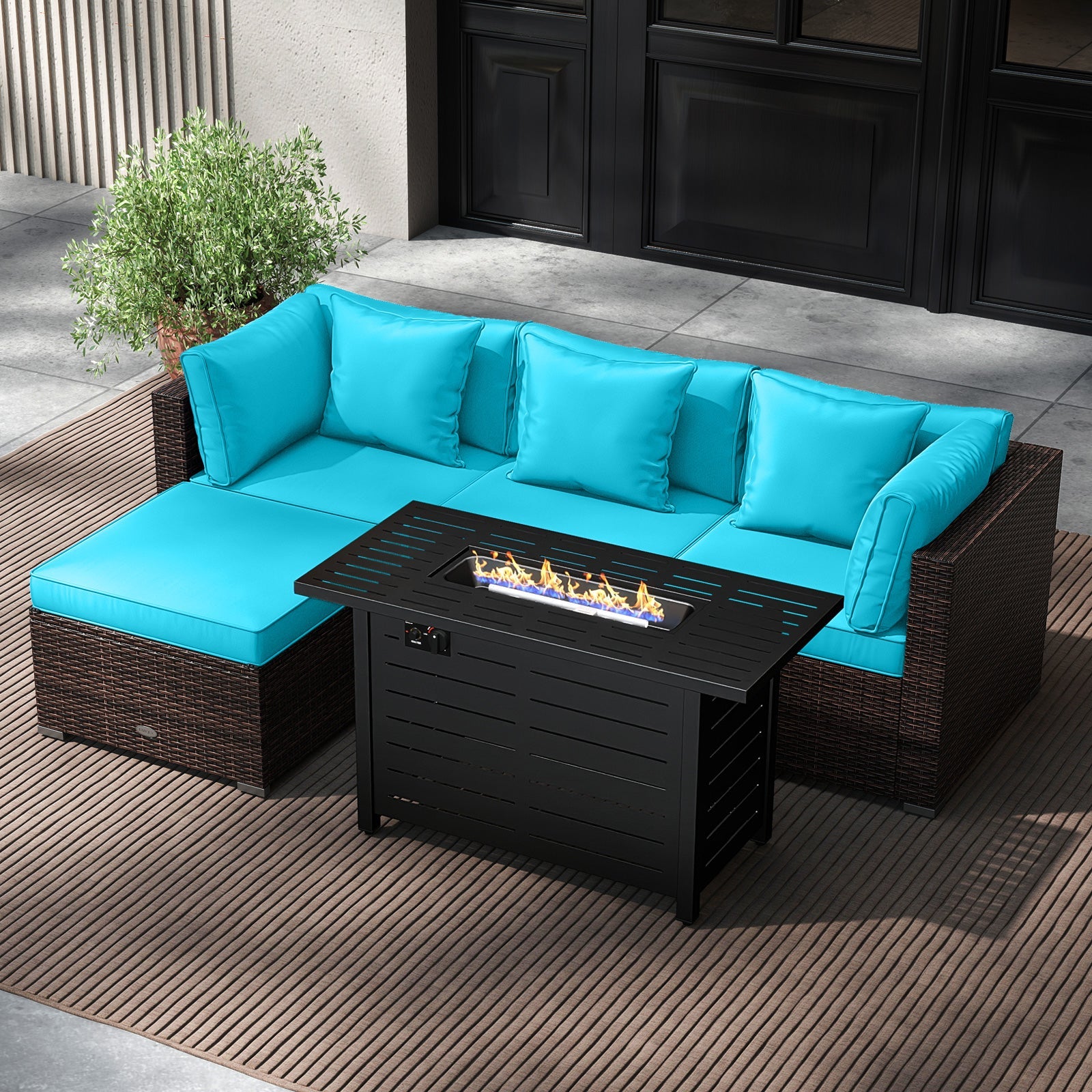 Costway 5-Piece Outdoor Rattan Sofa Set w/ 60000 BTU Fire Pit Table 30158206 New