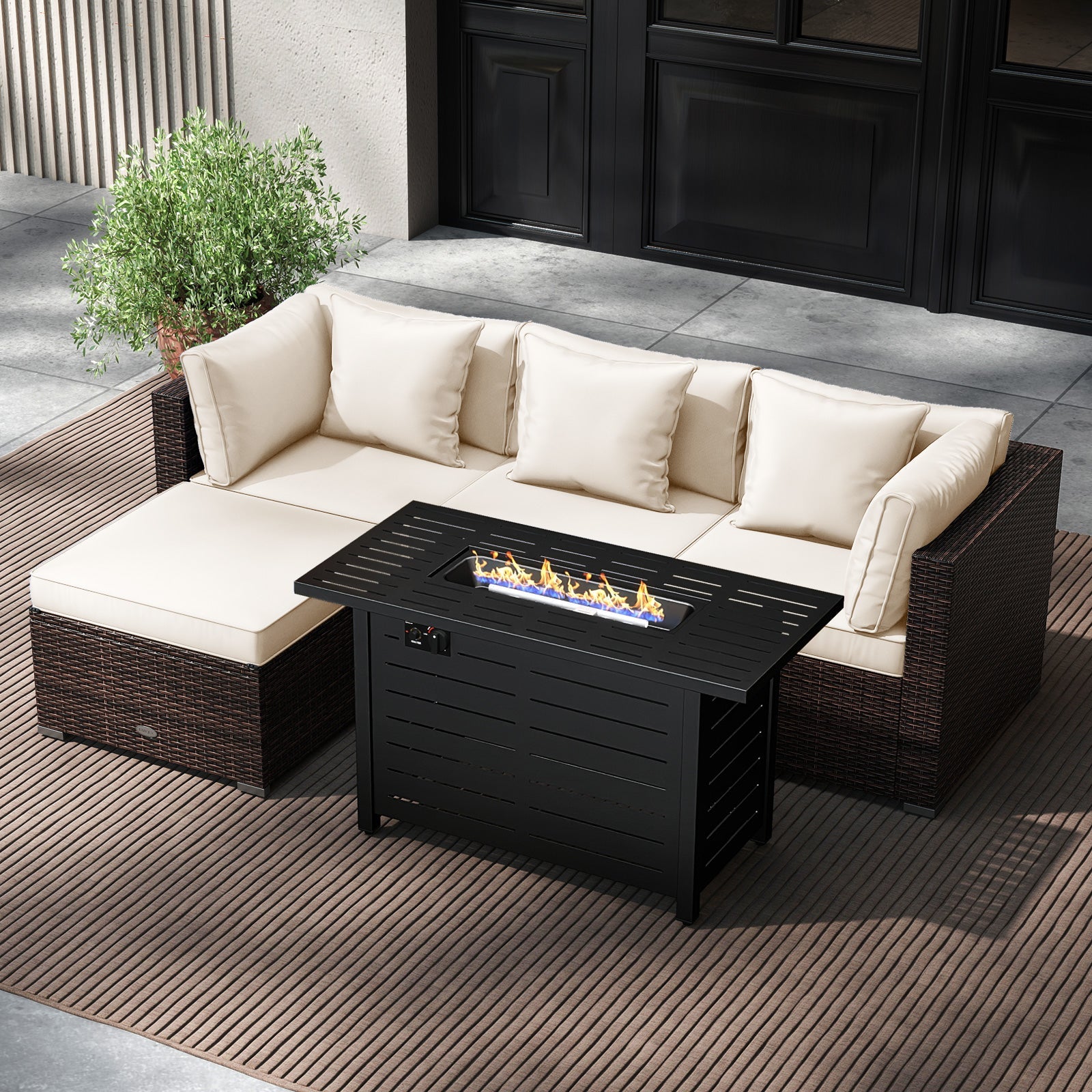 Costway 5-Piece Outdoor Rattan Sofa Set w/ 60000 BTU Fire Pit Table 30158206 New