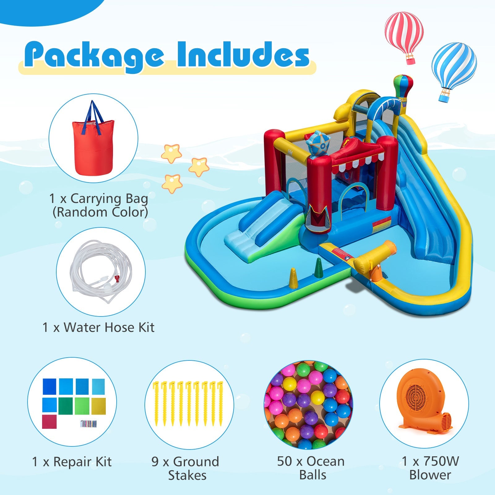 Costway Inflatable Water Park Splash Pool 50 Ocean Balls 750W Blower 31831448 New