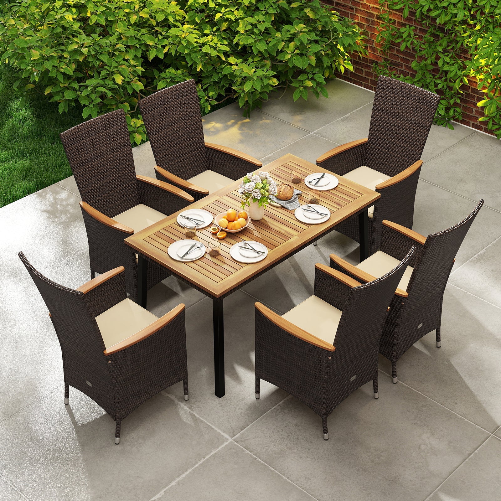Costway 7-Pc Outdoor Patio Dining Set for 6 Wicker Armchairs Acacia Wood Table 36385210 New