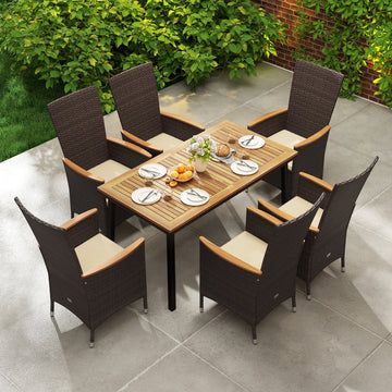 Costway 7-Pc Outdoor Patio Dining Set for 6 Wicker Armchairs Acacia Wood Table 36385210 New